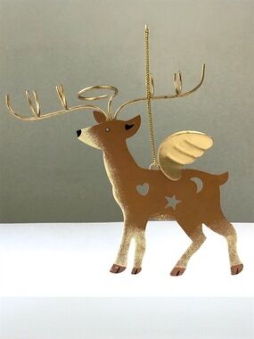 Reindeer Christmas Ornament Gold Wings Cut-Outs Whimsical Folk Art Rustic Deer